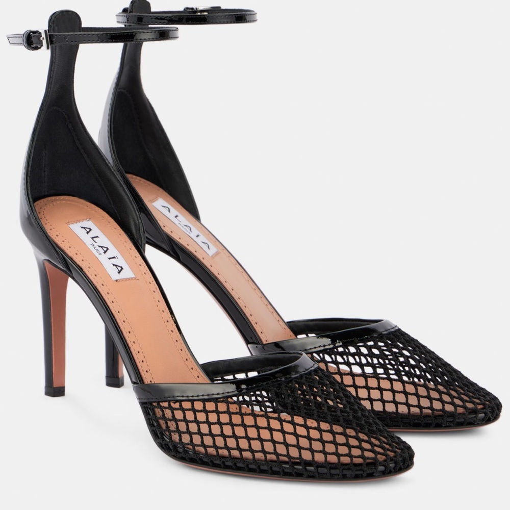 Alaia Leather-Trimmed Black Mesh Heels